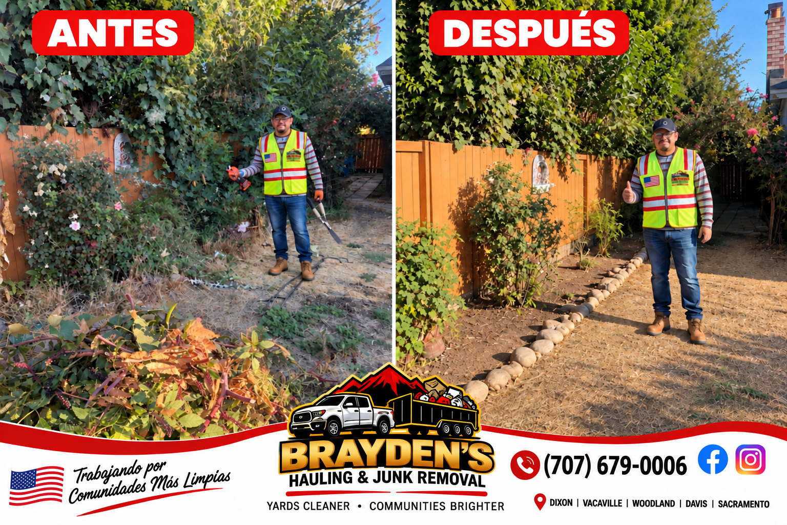 Brayden’s yard cleanup before and after: removed branches on the left and cleared yard on the right. Company phone (707) 679-0006.